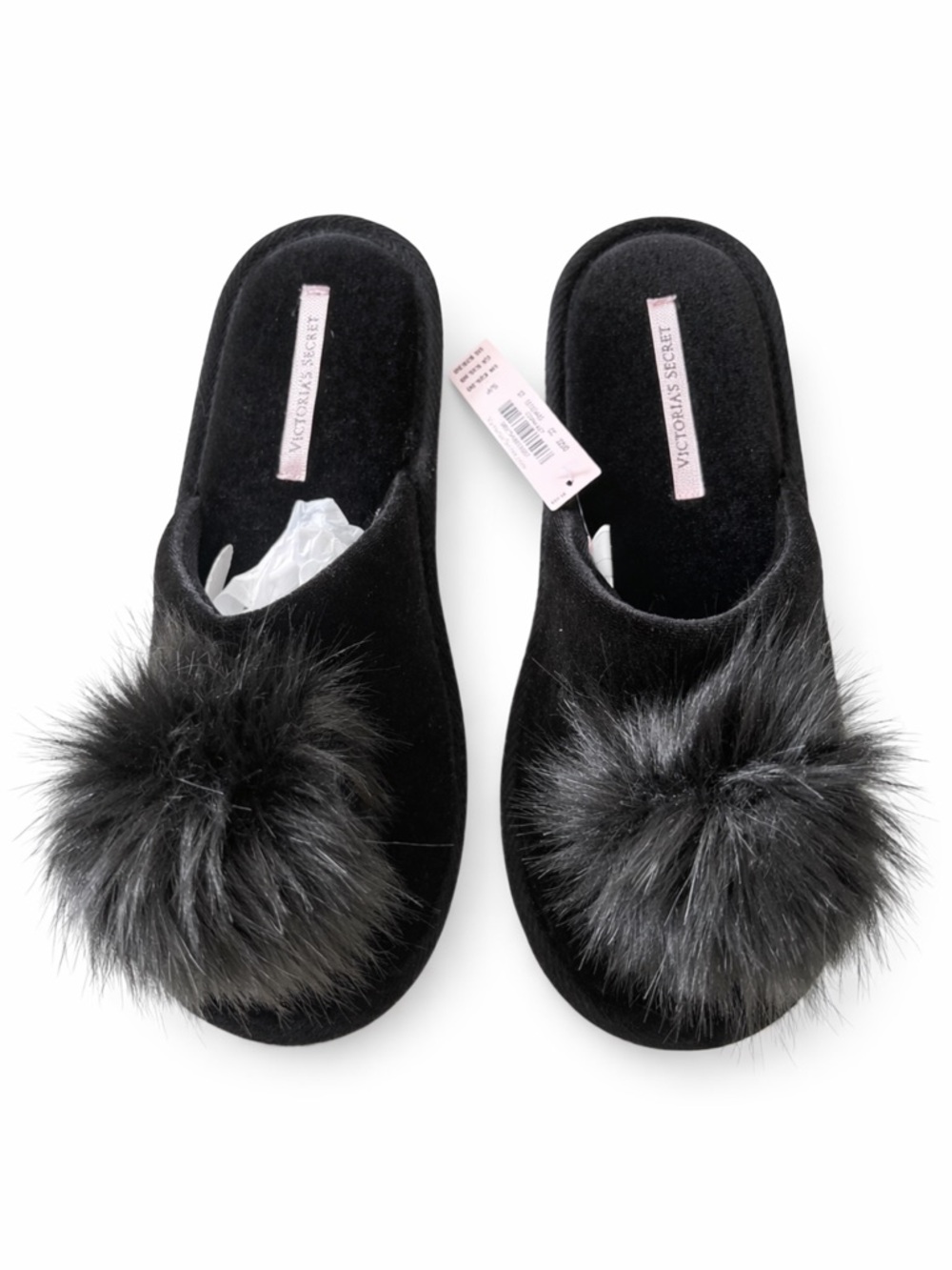 Victoria's Secret Black Velvet Pom-Pom Slip-On Slippers